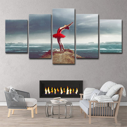 Frendorf | Glam Ballerina Wandkunst Blau und Rot Ozean Insel Landschaft Leinwand für Wohnzimmer