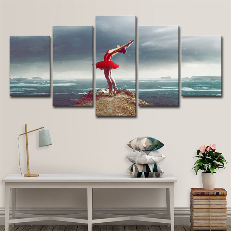 Frendorf | Glam Ballerina Wandkunst Blau und Rot Ozean Insel Landschaft Leinwand für Wohnzimmer