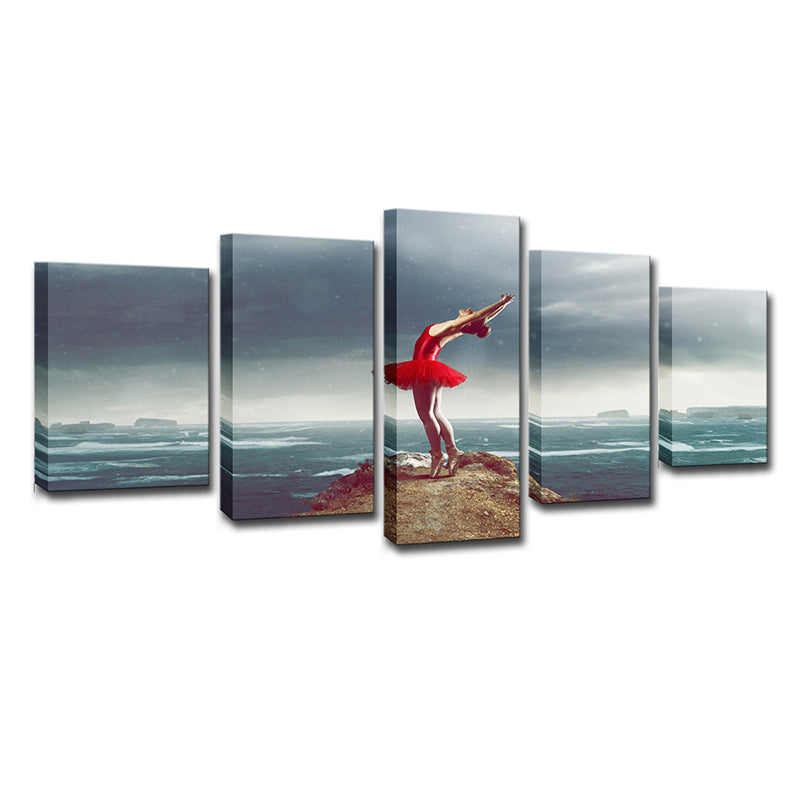 Frendorf | Glam Ballerina Wandkunst Blau und Rot Ozean Insel Landschaft Leinwand für Wohnzimmer