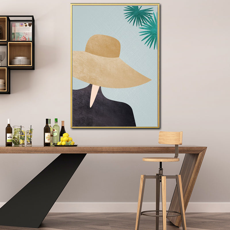 Frendorf | Gelbes Nordisches Stil Leinwand Kunst Frau mit weitem Hut Wanddekoration für Mädchen Schlafzimmer