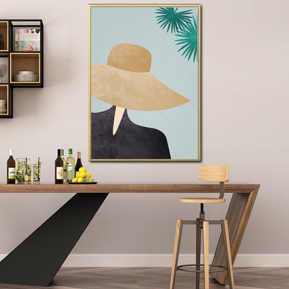 Frendorf | Gelbes Nordisches Stil Leinwand Kunst Frau mit weitem Hut Wanddekoration für Mädchen Schlafzimmer