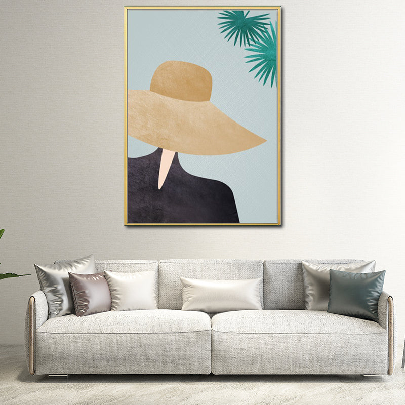 Frendorf | Gelbes Nordisches Stil Leinwand Kunst Frau mit weitem Hut Wanddekoration für Mädchen Schlafzimmer