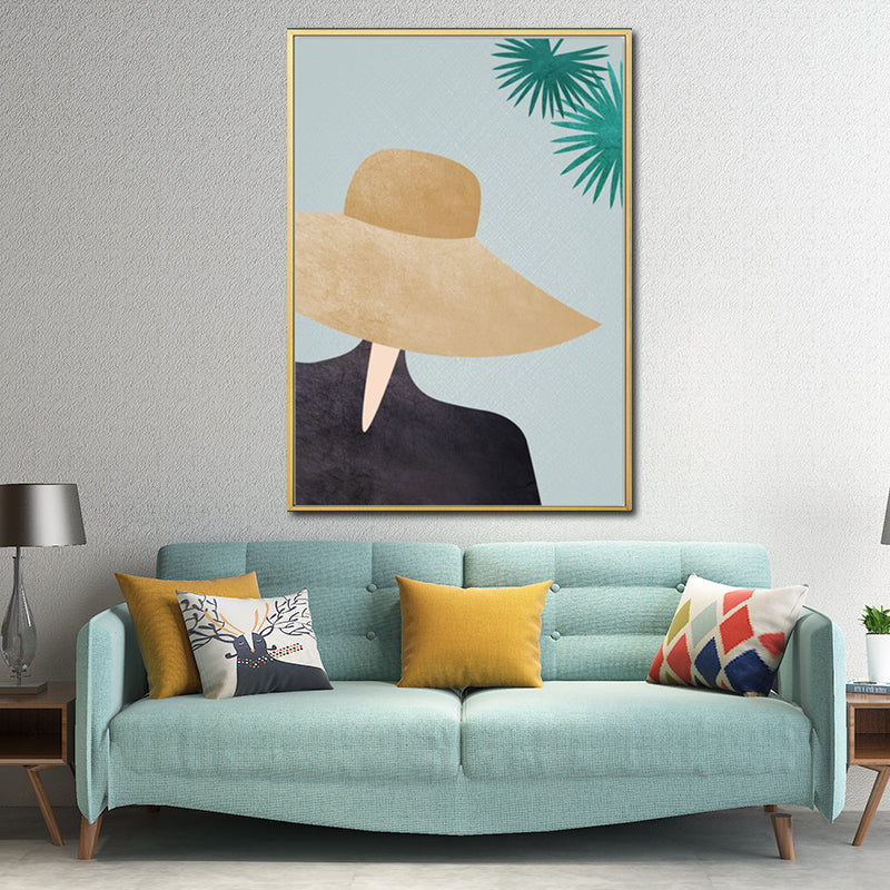Frendorf | Gelbes Nordisches Stil Leinwand Kunst Frau mit weitem Hut Wanddekoration für Mädchen Schlafzimmer