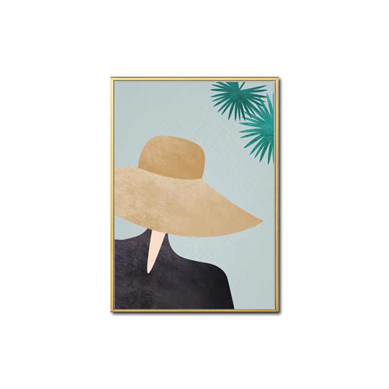 Frendorf | Gelbes Nordisches Stil Leinwand Kunst Frau mit weitem Hut Wanddekoration für Mädchen Schlafzimmer