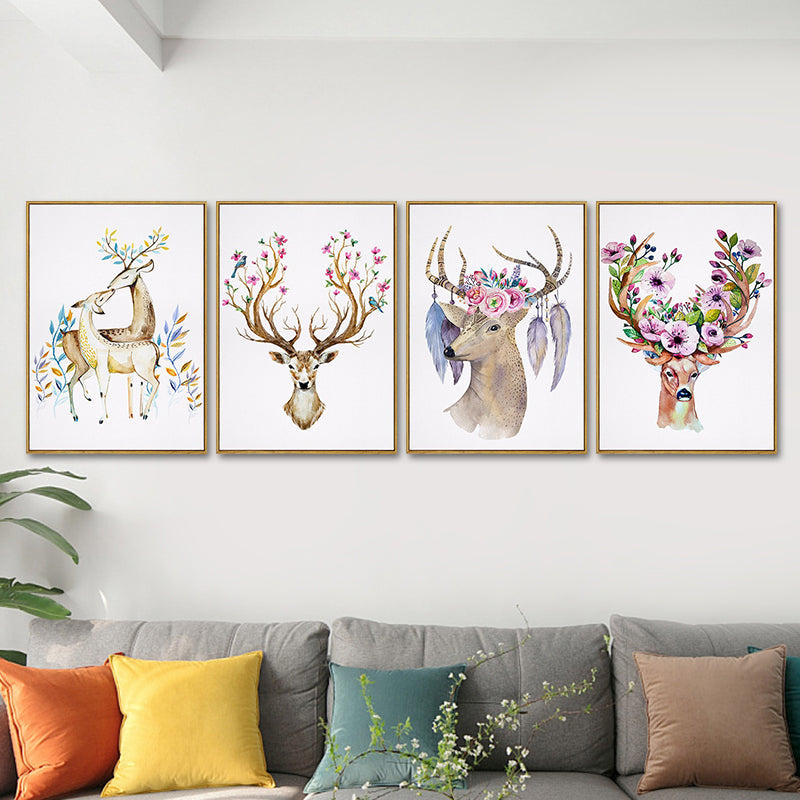 Elch mit Blumen Geweih Kunstdruck Trendige Leinwand Wanddekoration in Braun für das Wohnheimzimmer