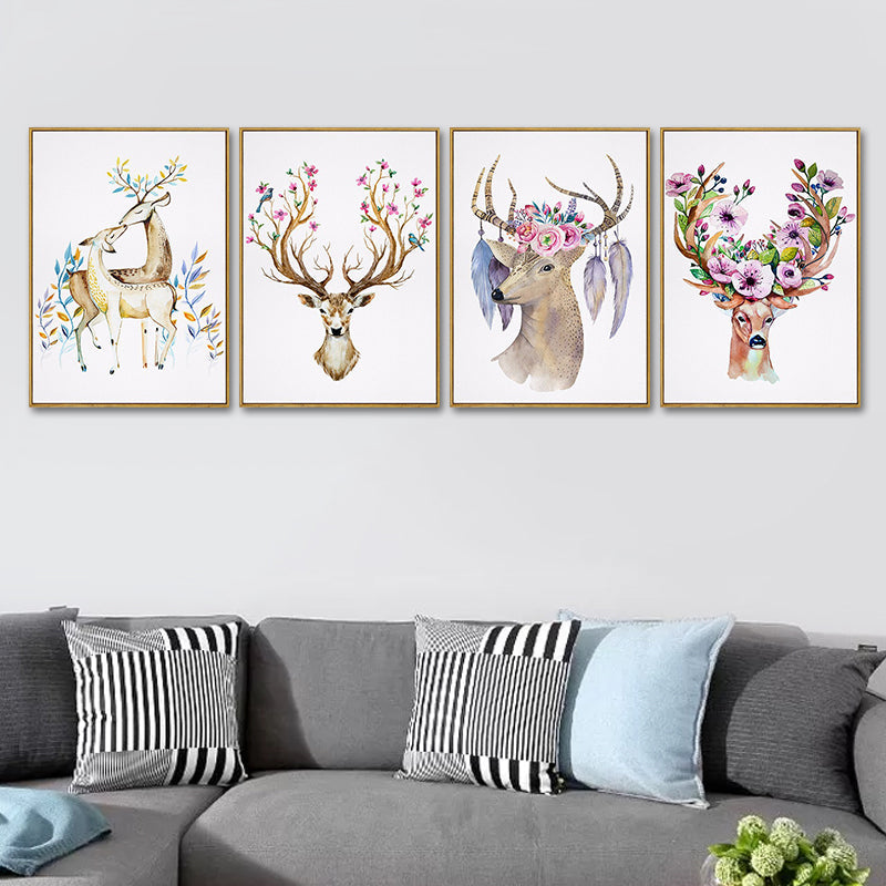 Elch mit Blumen Geweih Kunstdruck Trendige Leinwand Wanddekoration in Braun für das Wohnheimzimmer