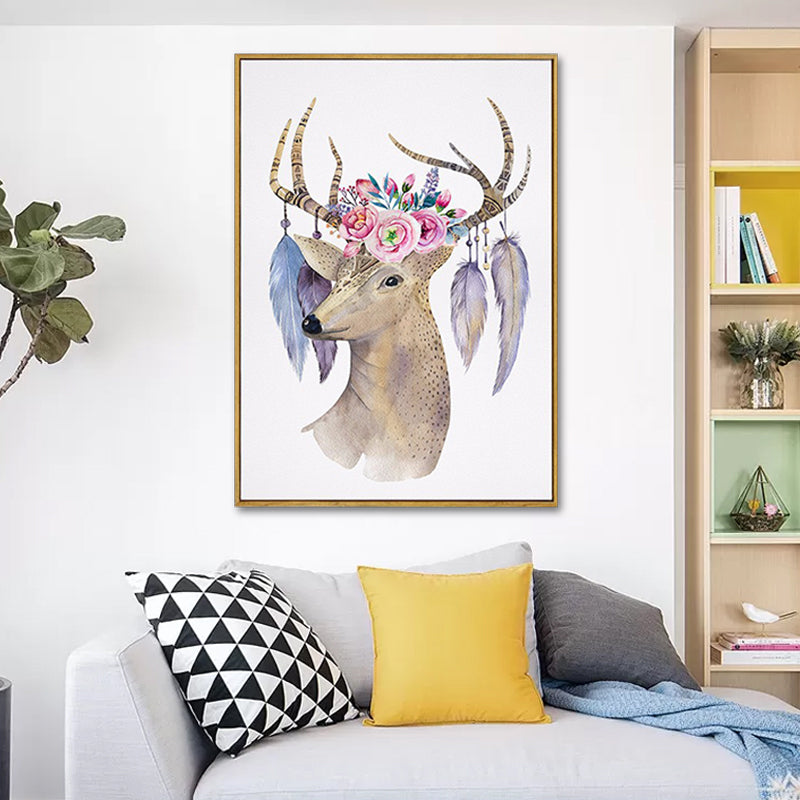 Elch mit Blumen Geweih Kunstdruck Trendige Leinwand Wanddekoration in Braun für das Wohnheimzimmer