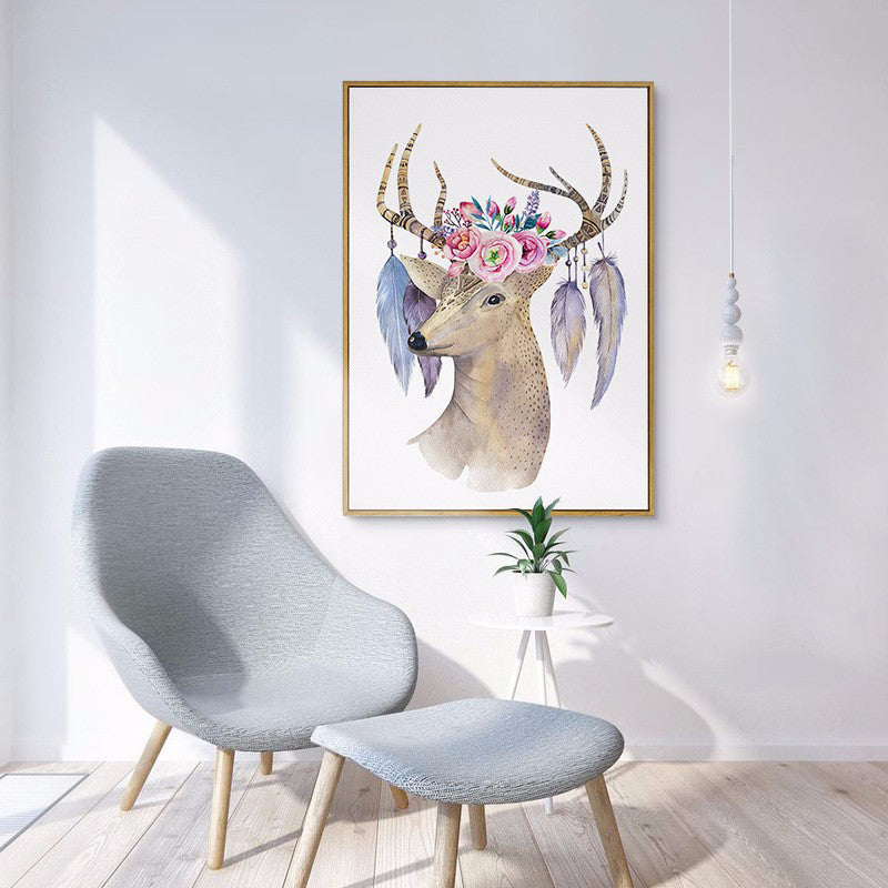 Elch mit Blumen Geweih Kunstdruck Trendige Leinwand Wanddekoration in Braun für das Wohnheimzimmer