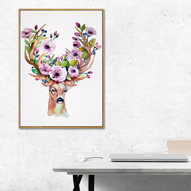 Elch mit Blumen Geweih Kunstdruck Trendige Leinwand Wanddekoration in Braun für das Wohnheimzimmer