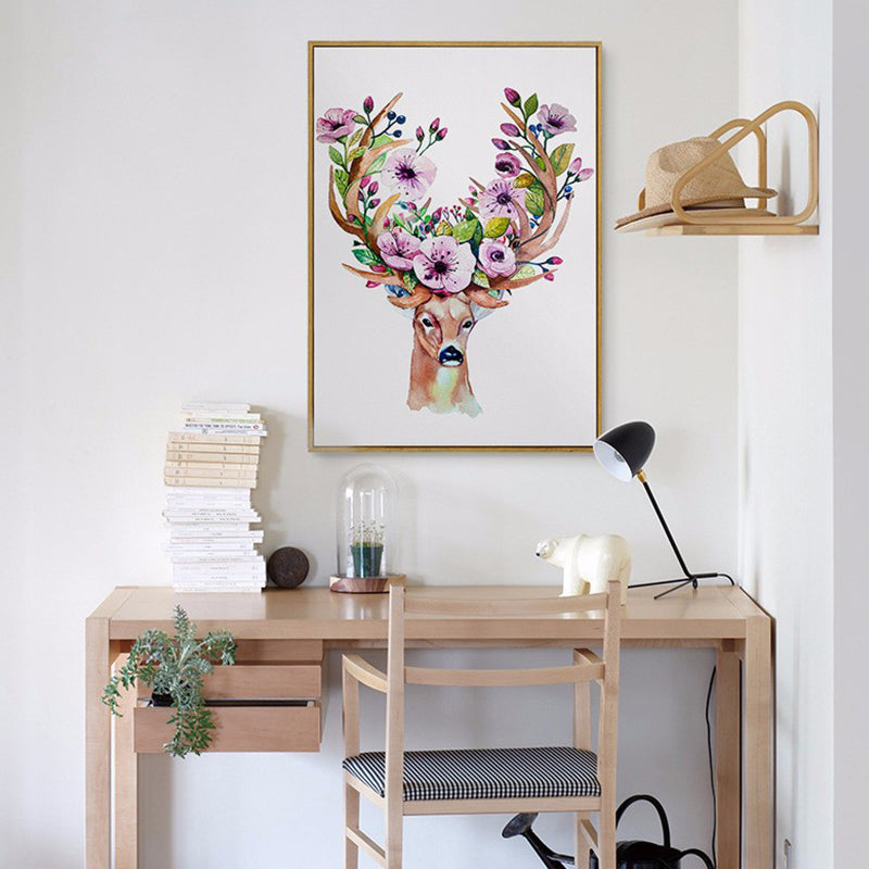 Elch mit Blumen Geweih Kunstdruck Trendige Leinwand Wanddekoration in Braun für das Wohnheimzimmer
