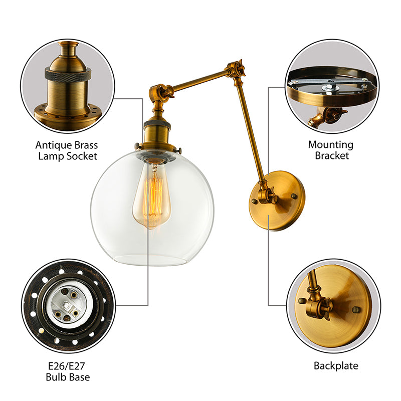 Frendorf | Messing Ein Licht Wandlampe Vintage Klarglas Sphärische Beleuchtungseinrichtung für Schlafzimmer
