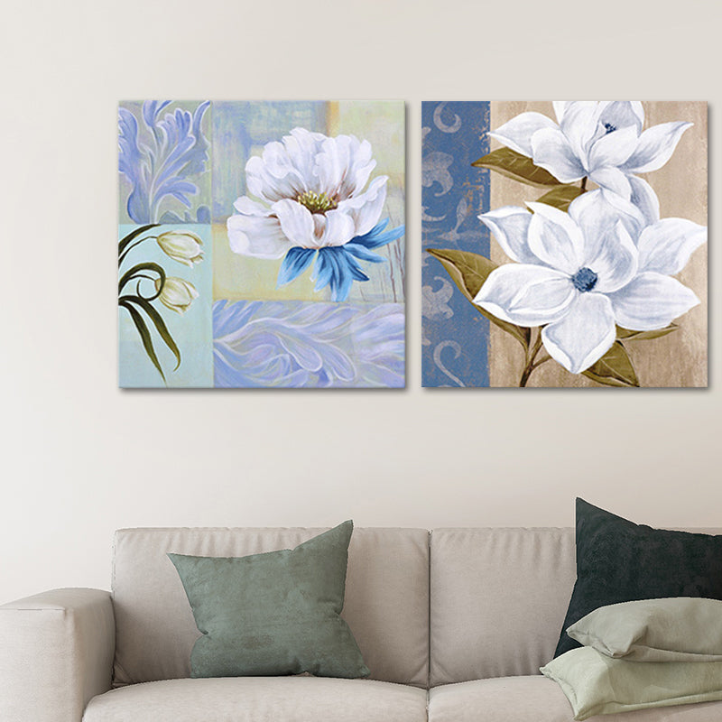 Frendorf | Blumenblüte Malerei Leinwand Blau und Weiß Modernistische Wandkunst Set für Hausinterieur