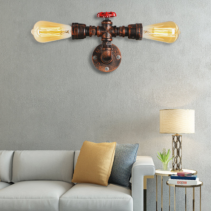 2 Lichter Wandleuchte im Warehouse-Stil Offene Glühbirne Metall Wandlampe mit Wasserhahn in Dunkelrost für Wohnzimmer