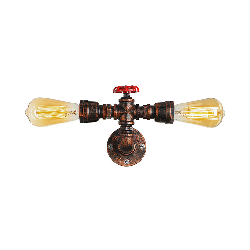 2 Lichter Wandleuchte im Warehouse-Stil Offene Glühbirne Metall Wandlampe mit Wasserhahn in Dunkelrost für Wohnzimmer