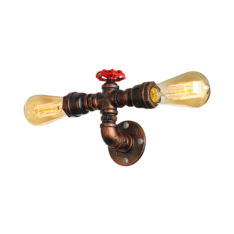 2 Lichter Wandleuchte im Warehouse-Stil Offene Glühbirne Metall Wandlampe mit Wasserhahn in Dunkelrost für Wohnzimmer
