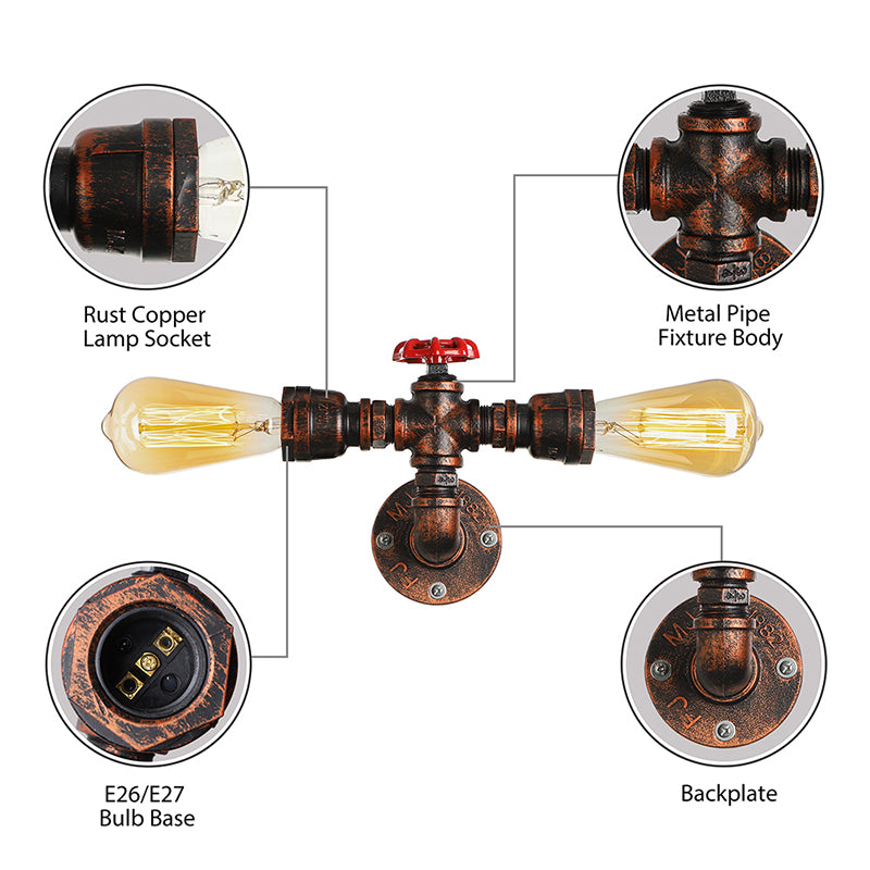 Frendorf | 2 Lichten Sconces Verlichting Magazijnstijl Open Gloeilamp Metaal Wandlamp met Waterklep in Donker Roest voor Woonkamer