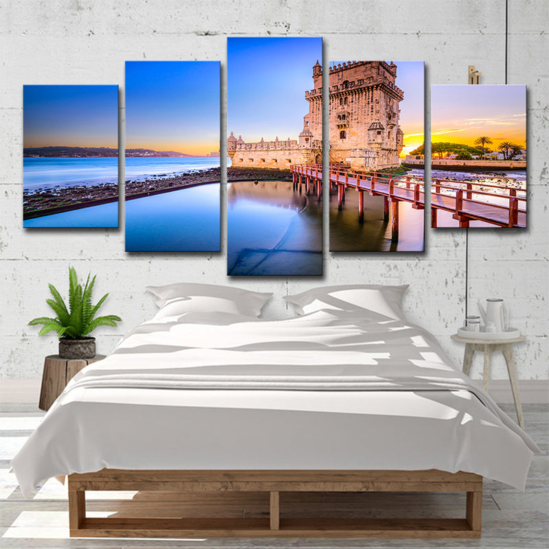 Frendorf | Belem Tower Landschaft Wanddekoration in Blau Leinwanddruck für Schlafzimmer, Mehrteilig