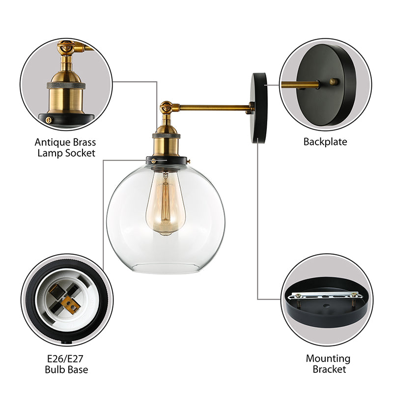 Frendorf | Sferische Woonkamer Wandlamp Fixture Industrieel Helder Glas 1 Lichts Brass Wandlamp