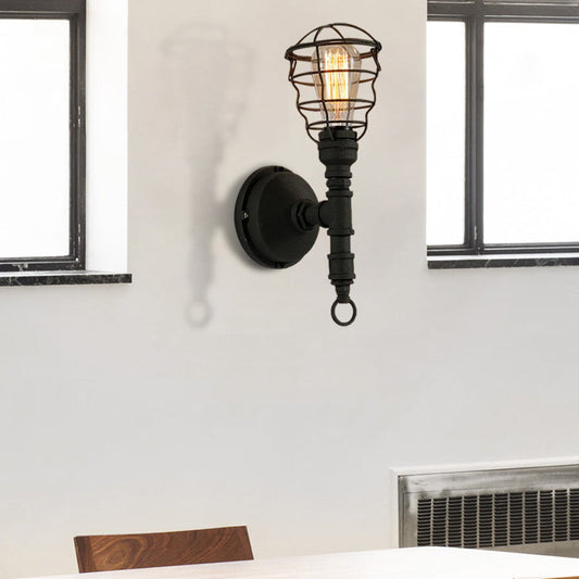Frendorf | Vintage Industriële Gecoate Wandlamp 1 Licht Metaal Wandmontage Licht met Waterpijp in Zwart voor Eetkamer