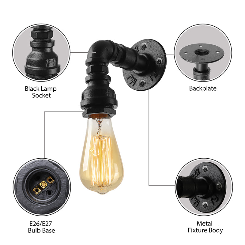 Frendorf | Wasserpfeife Metallic Wandbeleuchtung mit freiliegender Glühbirne Industrie 1 Licht Wohnzimmer Mini Wandmontage Licht in Schwarz/Kupfer