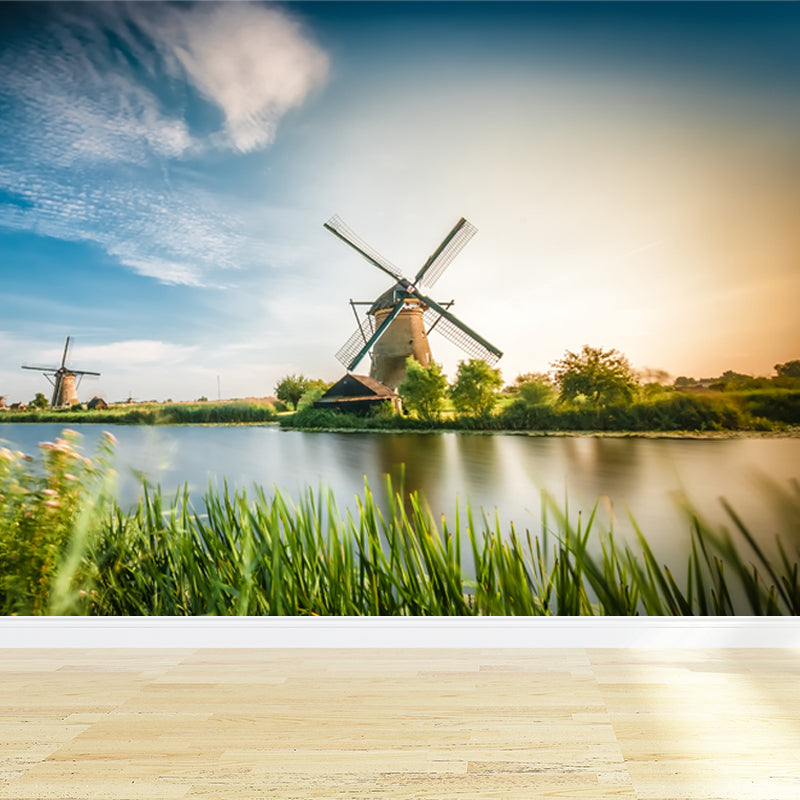 Vollformatfotografie Moderne Wandtapete mit Windmühle und Grasland in Grün