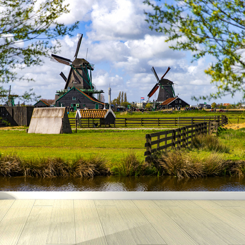 Vollformatfotografie Moderne Wandtapete mit Windmühle und Grasland in Grün