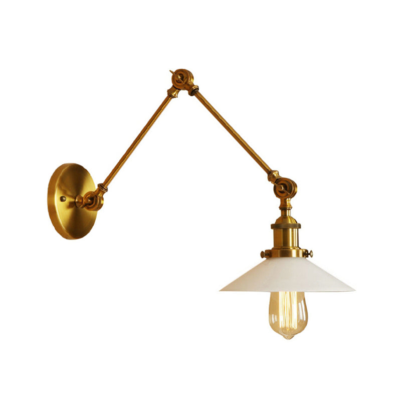 Frendorf | 1 Licht Schotel Schaduw Wandlamp Fixture Industriële Messing/Bronze Frosted Glas Wandlamp met Swing Arm