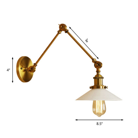 Frendorf | 1 Licht Schotel Schaduw Wandlamp Fixture Industriële Messing/Bronze Frosted Glas Wandlamp met Swing Arm