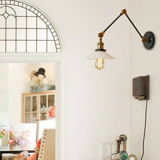 Frendorf | 1 Licht Schotel Schaduw Wandlamp Fixture Industriële Messing/Bronze Frosted Glas Wandlamp met Swing Arm