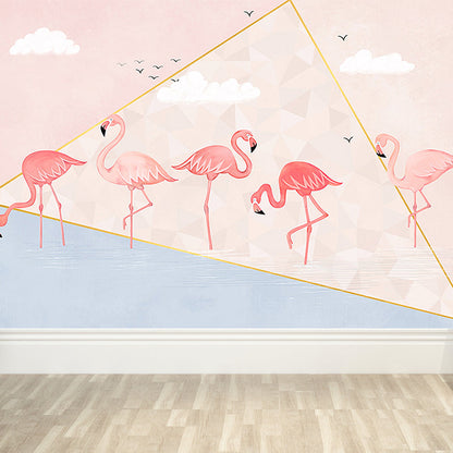 Größere Flamingo Wandmalerei Zeitgenössischer Vlies-Wandbelag in Pastellfarbe