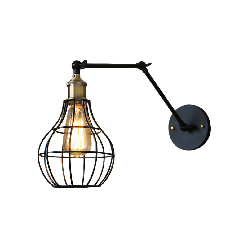 Frendorf | Schwarze Globe/Träne Wand sconce Beleuchtung mit Käfigschatten Retro Metall 1 Lichtarm verstellbare Wandmontage Licht