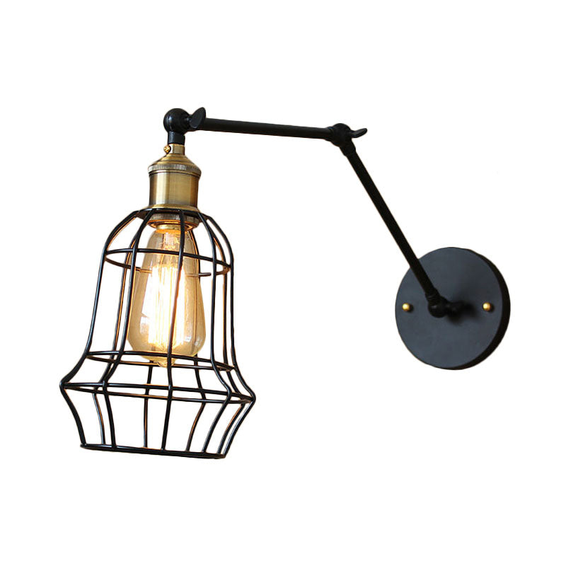 Frendorf | Schwarze Globe/Träne Wand sconce Beleuchtung mit Käfigschatten Retro Metall 1 Lichtarm verstellbare Wandmontage Licht