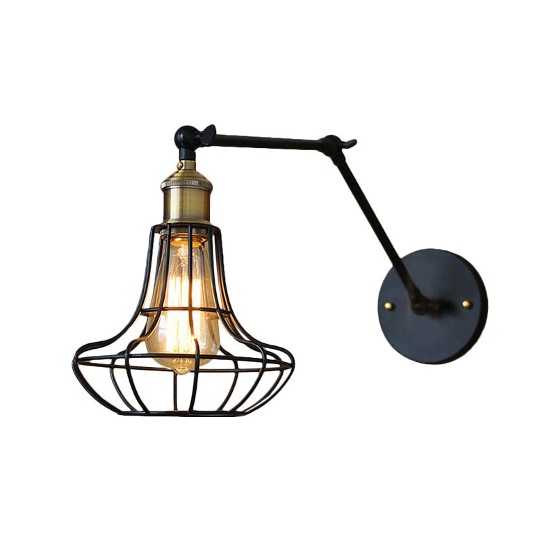 Frendorf | Schwarze Globe/Träne Wand sconce Beleuchtung mit Käfigschatten Retro Metall 1 Lichtarm verstellbare Wandmontage Licht
