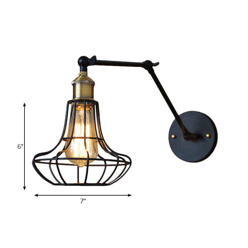 Frendorf | Schwarze Globe/Träne Wand sconce Beleuchtung mit Käfigschatten Retro Metall 1 Lichtarm verstellbare Wandmontage Licht