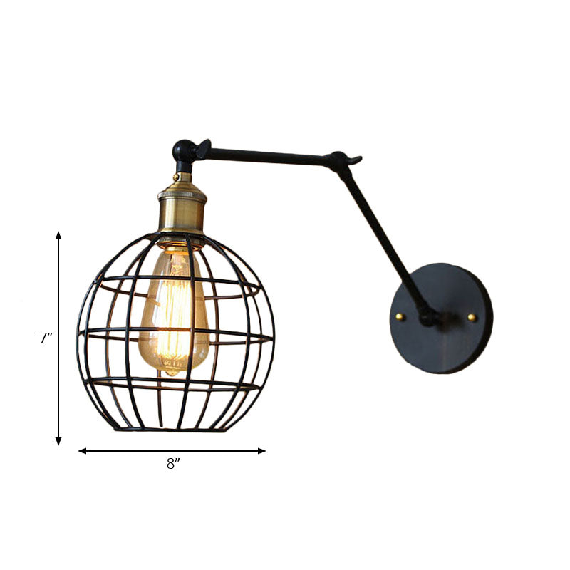 Frendorf | Schwarze Globe/Träne Wand sconce Beleuchtung mit Käfigschatten Retro Metall 1 Lichtarm verstellbare Wandmontage Licht