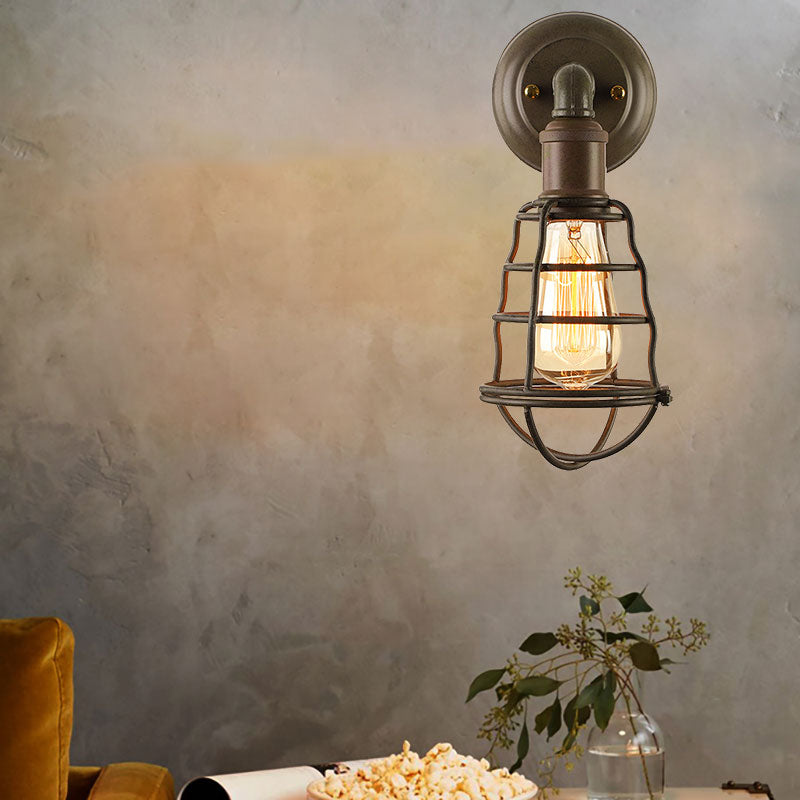 Frendorf | Rust Finish Mini Wandlamp mit Käfigschirm Antike Stil Eisen 1 Licht Bauernhaus Wandmontage Beleuchtung