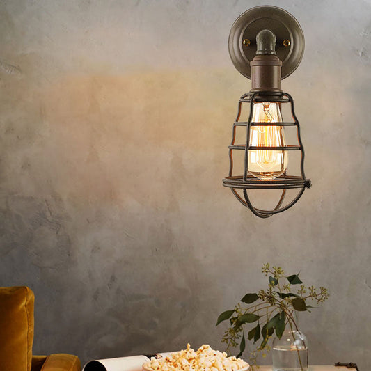 Frendorf | Rust Finish Mini Wandlamp mit Käfigschirm Antike Stil Eisen 1 Licht Bauernhaus Wandmontage Beleuchtung