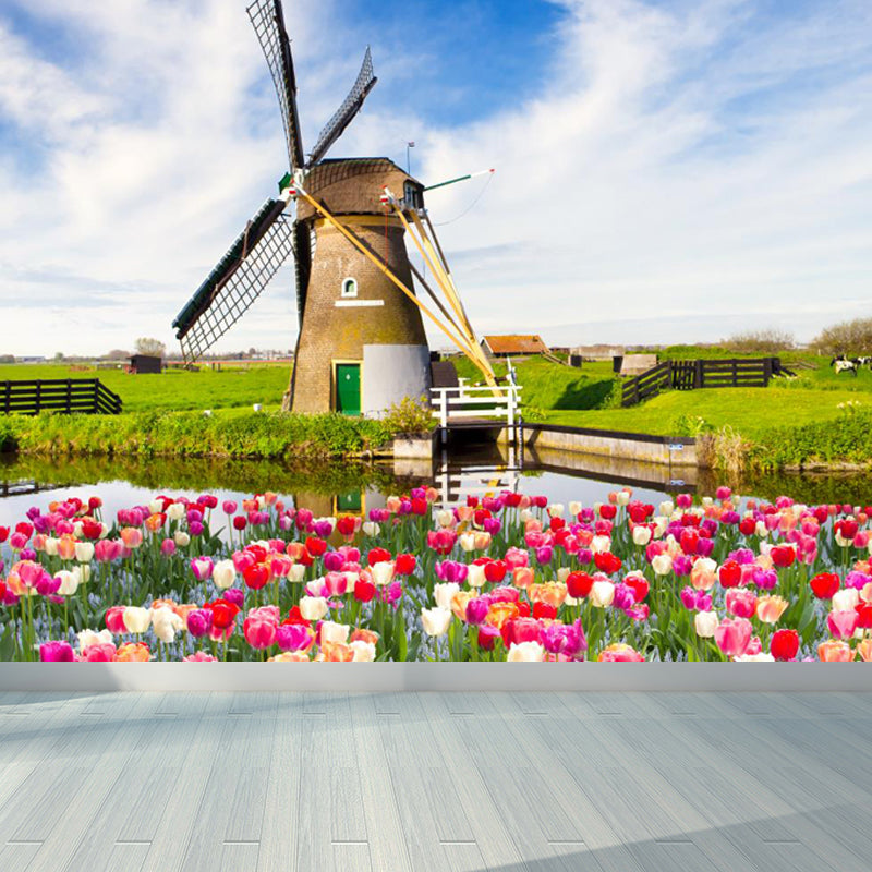 Großes Statisches Windmühlen-Wandbild Tapete Modernes Landschafts-Wanddekor in heller Farbe