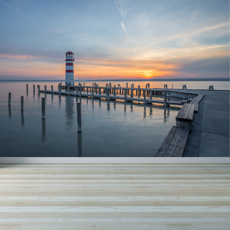 Großes strahlendes Leuchtfeuer Wandtapete nautische Küstenlandschaft Wandkunst in Blau