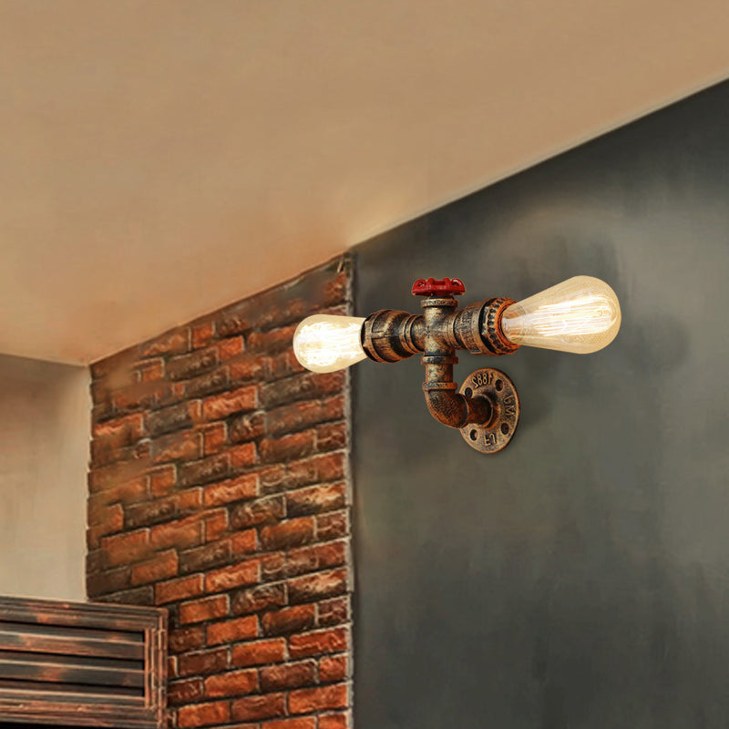 Frendorf | Bronze/Antiek Messing 2 Koppen Wandlamp Fixture Warehouse Style Smeedijzeren Kale Gloeilamp Sconcelamp met Pijp en Klep