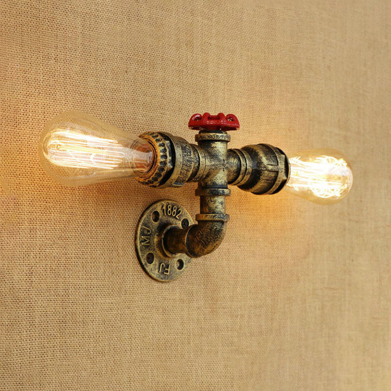 Frendorf | Bronze/Antiek Messing 2 Koppen Wandlamp Fixture Warehouse Style Smeedijzeren Kale Gloeilamp Sconcelamp met Pijp en Klep