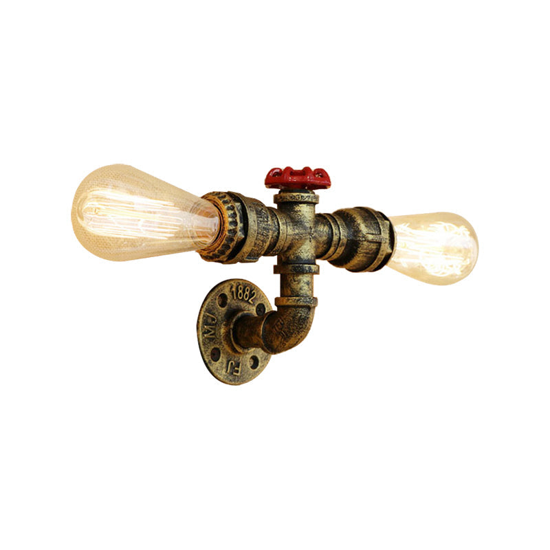 Frendorf | Bronze/Antiek Messing 2 Koppen Wandlamp Fixture Warehouse Style Smeedijzeren Kale Gloeilamp Sconcelamp met Pijp en Klep
