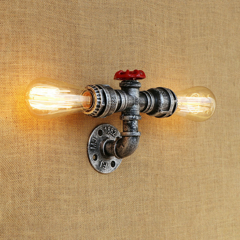 Frendorf | Bronze/Antiek Messing 2 Koppen Wandlamp Fixture Warehouse Style Smeedijzeren Kale Gloeilamp Sconcelamp met Pijp en Klep