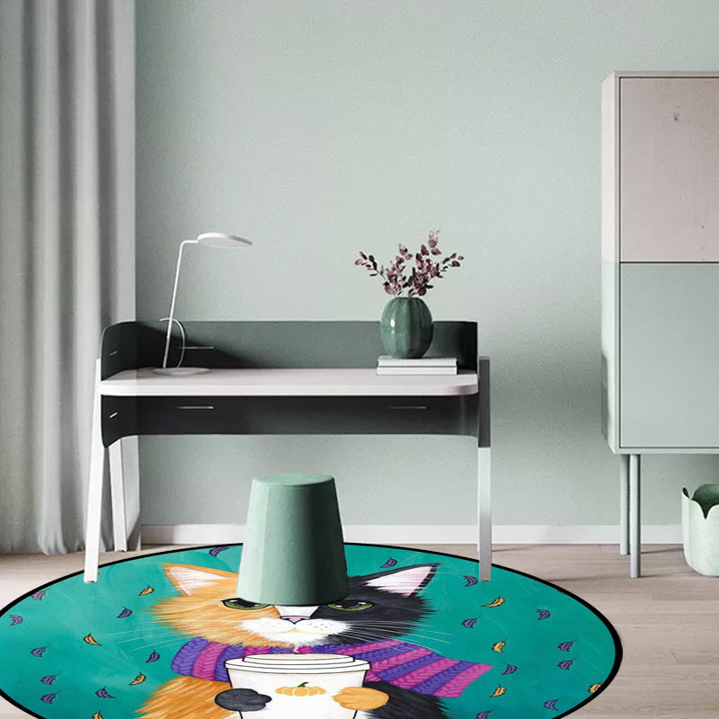 Frendorf | Blau und grüner Kinderzimmerteppich Kinder Tier Bekleidete Katze Blattmuster Bereichsteppich Polyester waschbarer Teppich