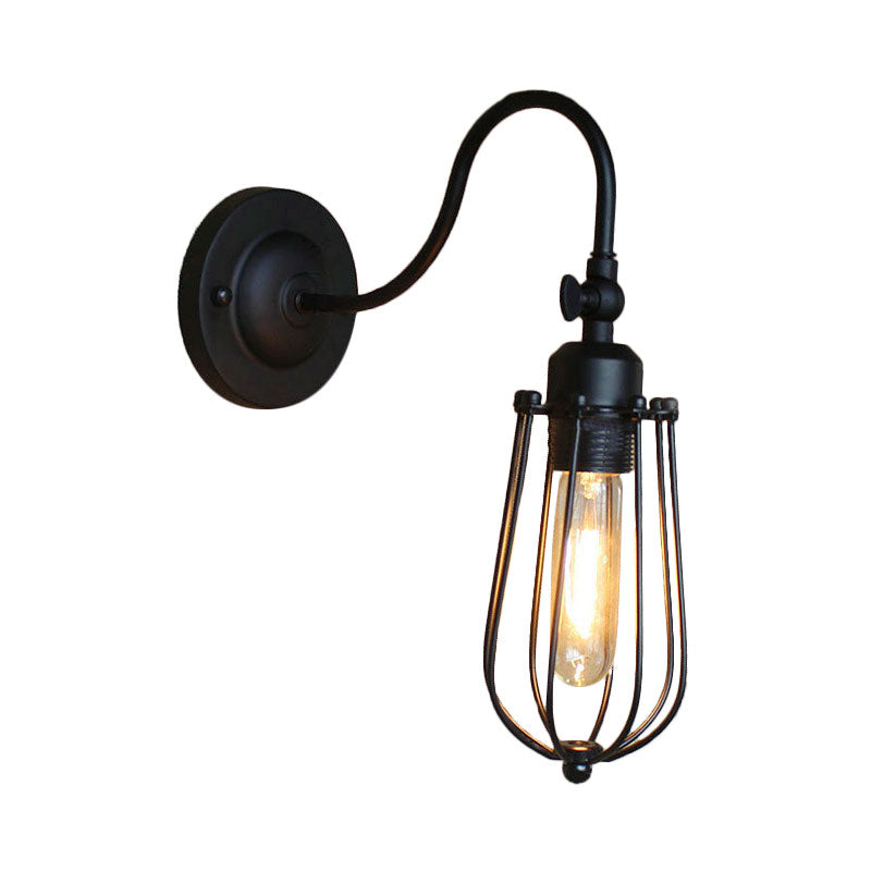 Frendorf | Schwarze Globe/Oval Käfig Wandmontage Licht mit Gooseneck Arm Retro-Stil Metall 1 Kopf Schlafzimmer Mini Wandleuchte