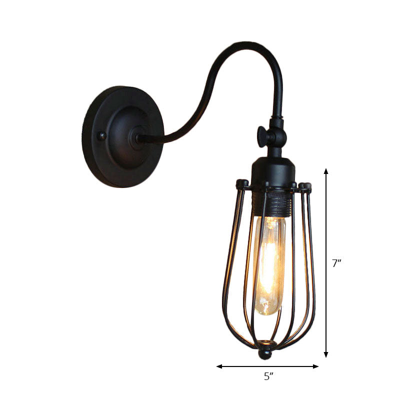 Frendorf | Schwarze Globe/Oval Käfig Wandmontage Licht mit Gooseneck Arm Retro-Stil Metall 1 Kopf Schlafzimmer Mini Wandleuchte