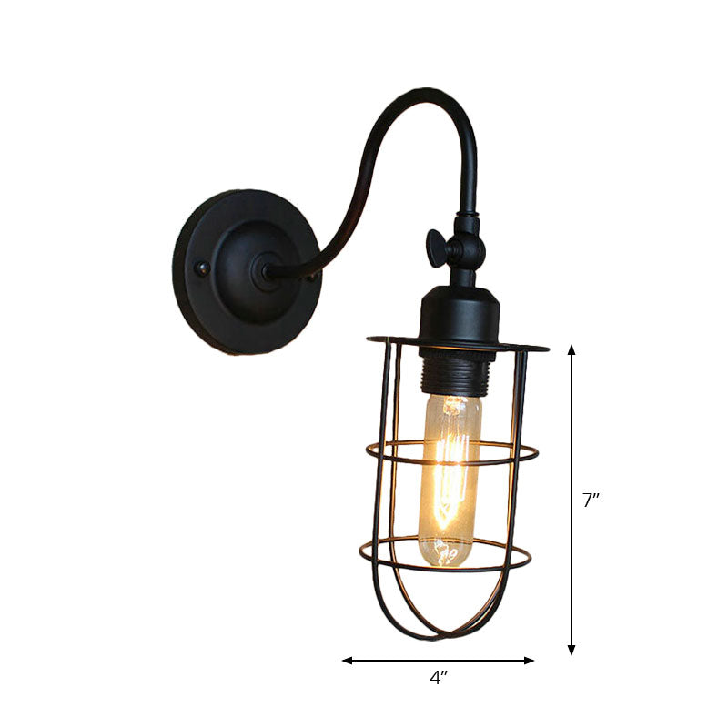 Frendorf | Schwarze Globe/Oval Käfig Wandmontage Licht mit Gooseneck Arm Retro-Stil Metall 1 Kopf Schlafzimmer Mini Wandleuchte