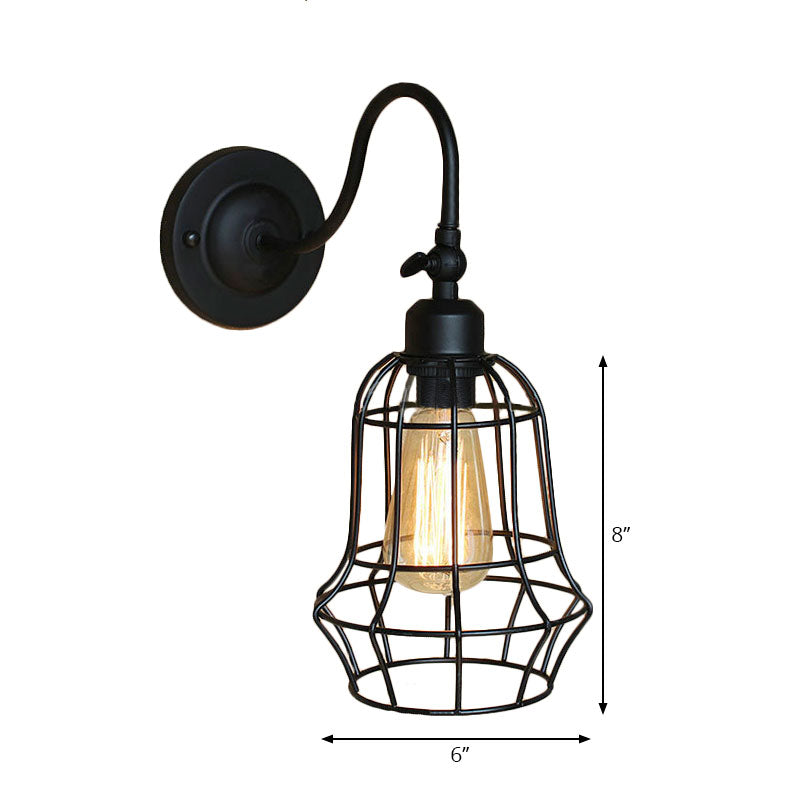 Frendorf | Schwarze Globe/Oval Käfig Wandmontage Licht mit Gooseneck Arm Retro-Stil Metall 1 Kopf Schlafzimmer Mini Wandleuchte