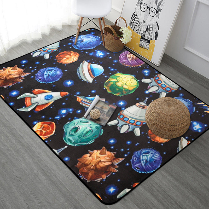 Frendorf | Kinderen Kinderkamer Tapijt in Blauw en Zwart Buitenaardse Ruimte Ruimtevaartuig Planeet Print Tapijt Polyester Machine Wasbaar Gebied Tapijt