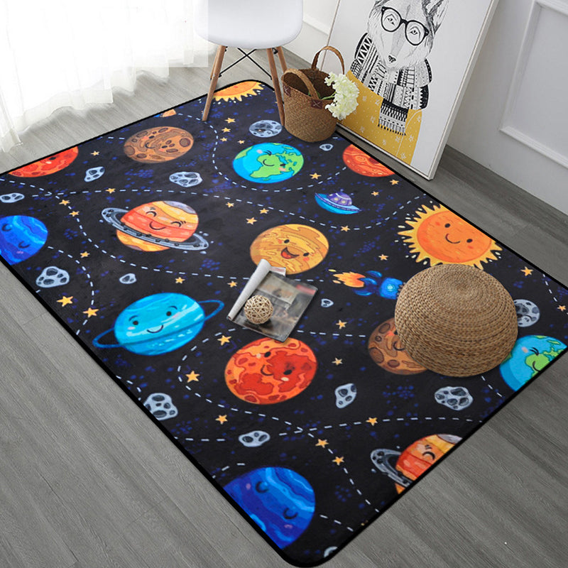 Frendorf | Kinderen Kinderkamer Tapijt in Blauw en Zwart Buitenaardse Ruimte Ruimtevaartuig Planeet Print Tapijt Polyester Machine Wasbaar Gebied Tapijt